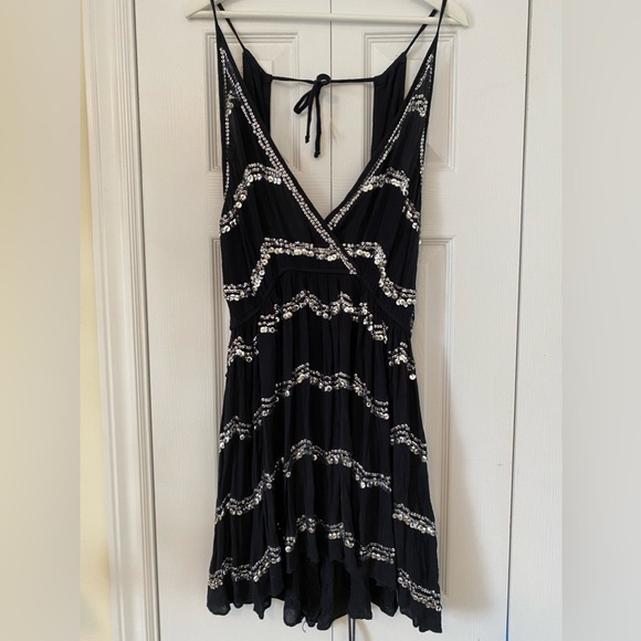 Free People Intimately Make It Rain Sequin mini dress tie back full skirt silver - Picture 5 of 15